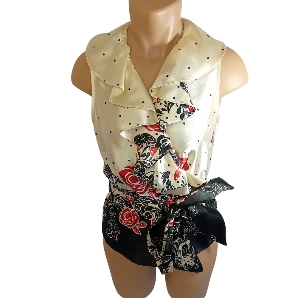 Tristan Satin Polka Dot Ruffle Rose Sleeveless Wrap Blouse Career Cocktail M